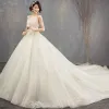 Luxury / Gorgeous Champagne Wedding Dresses 2018 Ball Gown Beading Rhinestone Spaghetti Straps Backless Sleeveless Royal Train Wedding