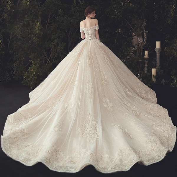 Luxury / Gorgeous Champagne Beading Wedding Dresses 2020 Ball Gown Off-The-Shoulder Sequins Lace Flower Short Sleeve Backless Royal Train