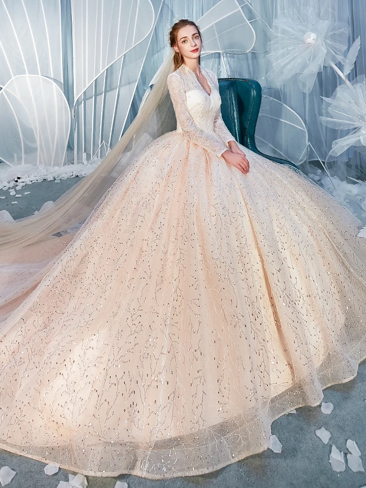 Charming Champagne Wedding Dresses 2020 Ball Gown V Neck Sequins Lace  Flower Long Sleeve Backless Cathedral Train