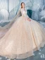Charming Champagne Wedding Dresses 2020 Ball Gown V-Neck Sequins Lace Flower Long Sleeve Backless Cathedral Train