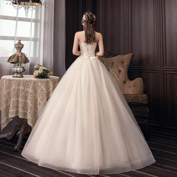 Fashion Champagne Corset Wedding Dresses 2020 Ball Gown Strapless Glitter Tulle Lace Flower Sleeveless Backless Floor-Length / Long