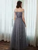 Chic / Beautiful Purple Prom Dresses 2020 A-Line / Princess Scoop Neck Beading Sequins Floor-Length / Long Short Sleeve Backless Formal Dresses