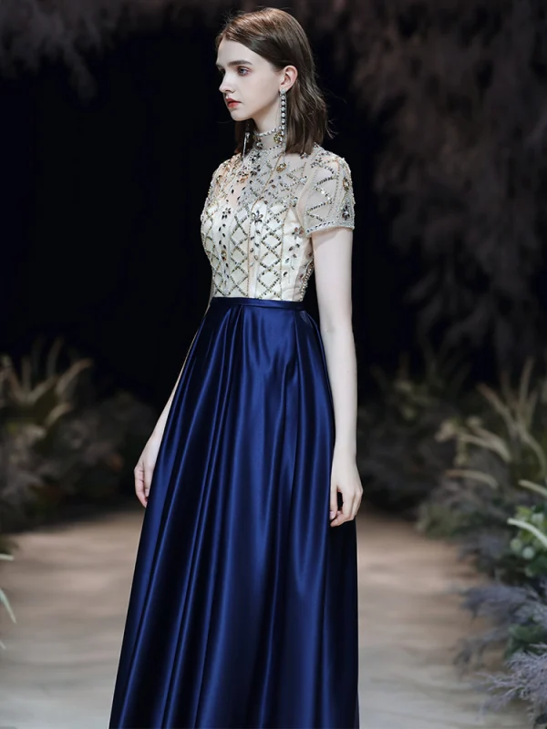Chic Bleu Roi Robe De Soirée 2020 Princesse Col Haut Perlage Faux Diamant Paillettes Manches Courtes Dos Nu Longue Robe De Ceremonie