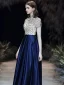 Chic Bleu Roi Robe De Soirée 2020 Princesse Col Haut Perlage Faux Diamant Paillettes Manches Courtes Dos Nu Longue Robe De Ceremonie
