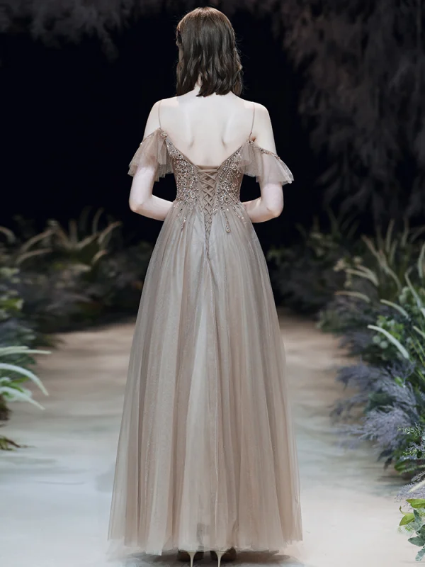 Fashion Brown Evening Dresses  2020 A-Line / Princess Spaghetti Straps Beading Rhinestone Sequins Sleeveless Backless Floor-Length / Long Formal Dresses