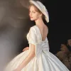 High-end Elegant Ivory Satin Wedding Dresses 2021 Ball Gown Pearl Square Neckline Short Sleeve Backless Bow Royal Train Wedding