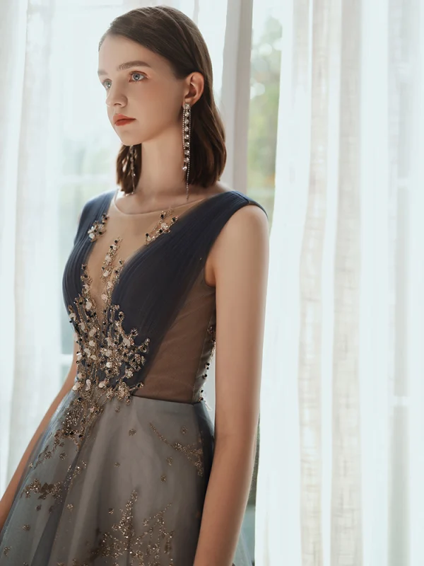 Chic / Belle Océan Bleu Robe De Bal 2020 Princesse Encolure Dégagée Perlage Glitter Paillettes En Dentelle Fleur Faux Diamant Sans Manches Dos Nu Longue Robe De Ceremonie