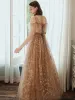 Fashion Champagne Star Lace Prom Dresses 2020 A-Line / Princess Scoop Neck Beading Sequins Flower Short Sleeve Backless Floor-Length / Long Formal Dresses