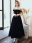 Elegant Black Prom Dresses 2020 A-Line / Princess Spotted Off-The-Shoulder Suede Sleeveless Backless Tea-length Formal Dresses