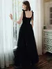 Elegant Black Prom Dresses 2020 A-Line / Princess Square Neckline Rhinestone Bow Sleeveless Backless Floor-Length / Long Formal Dresses