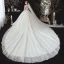 Eleganta Champagne Glittriga / Glitter Bröllopsklänningar 2020 Balklänning V-Hals Beading Rhinestone Paljetter Spets Blomma Långärmad Halterneck Royal Train