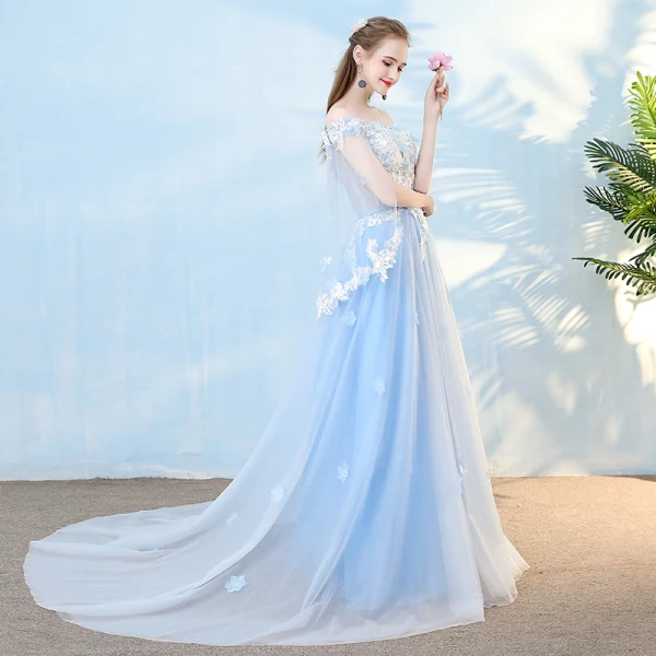 Elegant Sky Blue Evening Dresses 2018 A-Line / Princess Appliques Pearl Rhinestone Off-The-Shoulder With Shawl Backless Short Sleeve Court Train Formal Dresses