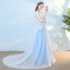 Elegant Sky Blue Evening Dresses  2018 A-Line / Princess Appliques Pearl Rhinestone Off-The-Shoulder With Shawl Backless Short Sleeve Court Train Formal Dresses