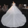 High-end Elegant Ivory Glitter Wedding Dresses 2021 Ball Gown Off-The-Shoulder Short Sleeve Backless Royal Train Wedding