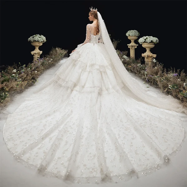 Luxury / Gorgeous Ivory Beading Cascading Ruffles Wedding Dresses 2020 Ball Gown Scoop Neck Appliques Rhinestone Sequins 3/4 Sleeve Backless Royal Train