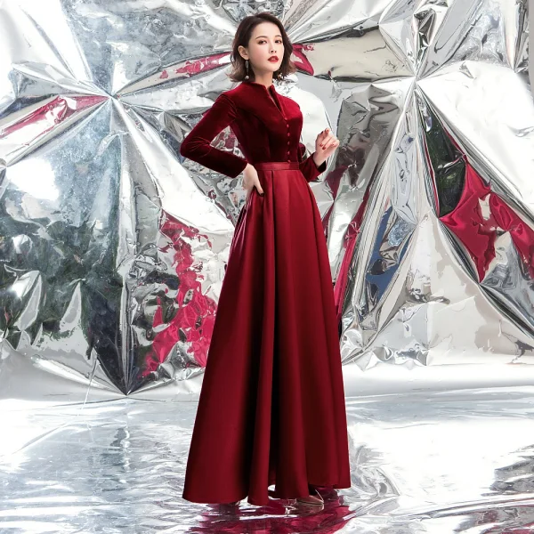 Eleganta Burgundy Mocka Balklänningar 2020 Prinsessa Hög Hals Långärmad Långa Formella Klänningar