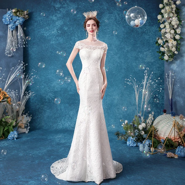 Elegant Ivory Lace Wedding Dresses 2020 Trumpet / Mermaid Scoop Neck Lace Flower Cap Sleeves Backless Sweep Train