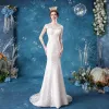 Elegant Ivory Lace Wedding Dresses 2020 Trumpet / Mermaid Scoop Neck Lace Flower Cap Sleeves Backless Sweep Train