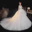 Fashion Elegant White Lace Flower Cascading Ruffles Wedding Dresses 2021 A-Line / Princess Deep V-Neck Bow 3/4 Sleeve Backless Royal Train Wedding