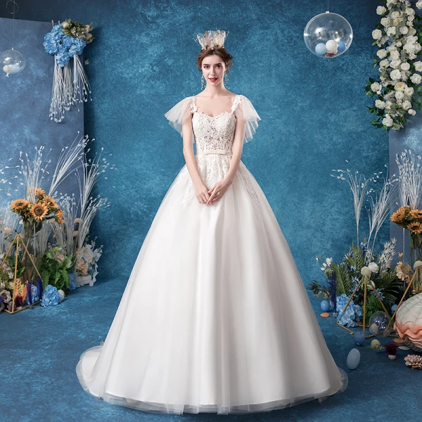 Chic / Belle Ivoire Robe De Mariée 2020 Robe Boule Encolure Carrée Noeud En Dentelle Fleur Manches Courtes Dos Nu Tribunal Train