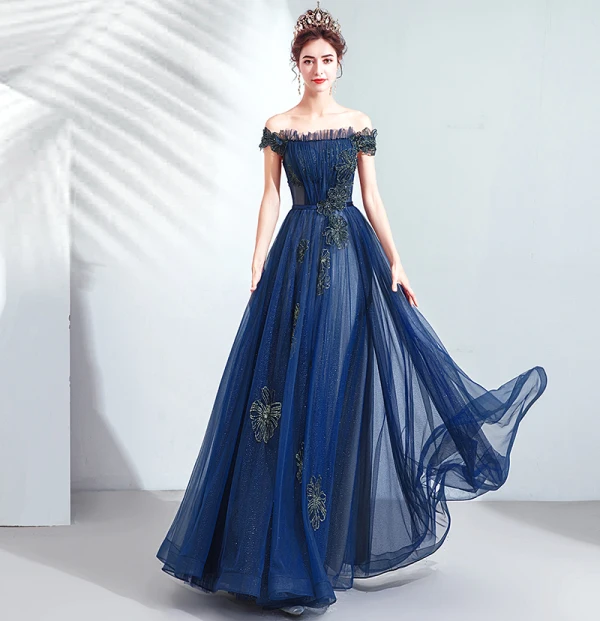 Vintage / Retro Navy Blue Prom Dresses 2020 A-Line / Princess Ruffle Off-The-Shoulder Crystal Glitter Tulle Short Sleeve Backless Floor-Length / Long Formal Dresses
