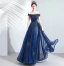 Vintage / Retro Navy Blue Prom Dresses 2020 A-Line / Princess Ruffle Off-The-Shoulder Crystal Glitter Tulle Short Sleeve Backless Floor-Length / Long Formal Dresses