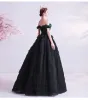 Classy Black Cascading Ruffles Prom Dresses 2020 Ball Gown Ruffle Off-The-Shoulder Rhinestone Lace Flower Sleeveless Backless Floor-Length / Long Formal Dresses