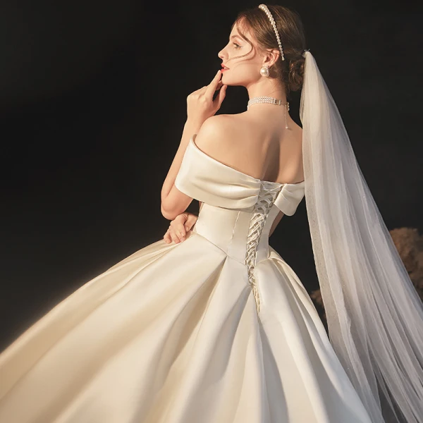 Modest / Simple Elegant Ivory Satin Wedding Dresses 2021 Ball Gown Off-The-Shoulder Bow Short Sleeve Backless Cathedral Train Wedding