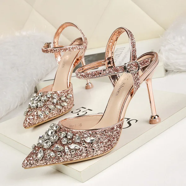 Glittrande Silver Afton Högklackade 2020 Rhinestone Paljetter Ankelband 9 cm Stilettklackar Spetsiga Damskor