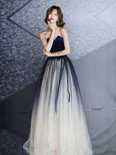 Charming Navy Blue Evening Dresses 2020 A-Line / Princess Suede ...