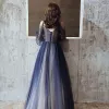 Charming Navy Blue Prom Dresses 2020 A-Line / Princess Spaghetti Straps Glitter Tulle Beading Crystal Long Sleeve Backless Floor-Length / Long Formal Dresses