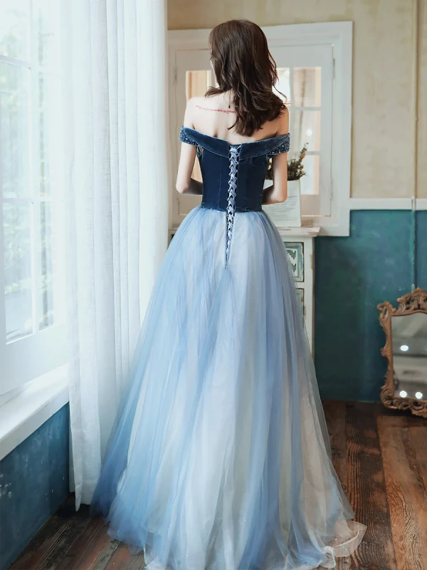 Fashion Ocean Blue Prom Dresses 2020 A-Line / Princess Suede Off-The-Shoulder Beading Lace Flower Sleeveless Backless Floor-Length / Long Formal Dresses