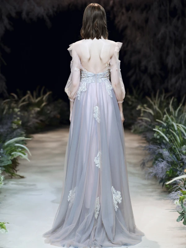 Elegante Azul Cielo Vestidos de noche 2020 A-Line / Princess Scoop Escote Perla Con Encaje Flor Apliques 3/4 Ærmer Sin Espalda Colas De Barrido Vestidos Formales