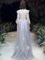 Elegante Azul Cielo Vestidos de noche 2020 A-Line / Princess Scoop Escote Perla Con Encaje Flor Apliques 3/4 Ærmer Sin Espalda Colas De Barrido Vestidos Formales