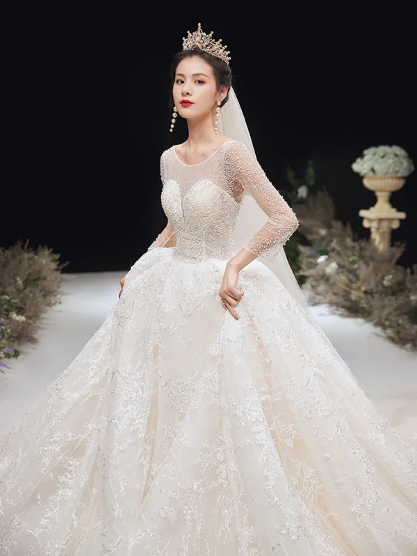 High End Ivory / Creme Brautkleider / Hochzeitskleider 2020 Ballkleid Rundhalsausschnitt Perlenstickerei Kristall Pailletten Spitze Blumen 3/4 Ärmel Rückenfreies Kathedrale Schleppe