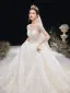 High End Ivory / Creme Brautkleider / Hochzeitskleider 2020 Ballkleid Rundhalsausschnitt Perlenstickerei Kristall Pailletten Spitze Blumen 3/4 Ärmel Rückenfreies Kathedrale Schleppe