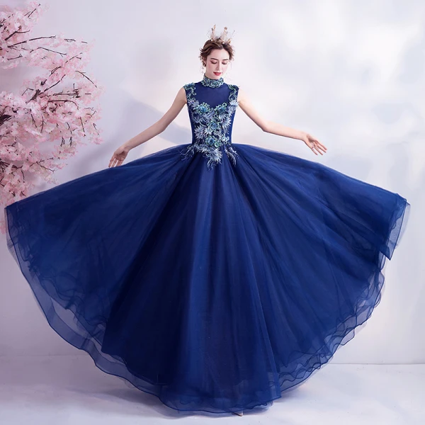 Vintage / Retro Royal Blue Prom Dresses 2020 A-Line / Princess High Neck Sequins Rhinestone Lace Flower Sleeveless Backless Floor-Length / Long Formal Dresses