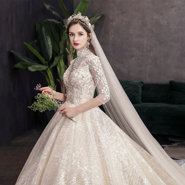 Elegant High-end Champagne Wedding Dresses 2020 Ball Gown High Neck Beading Sequins Appliques 3/4 Sleeve Backless Royal Train
