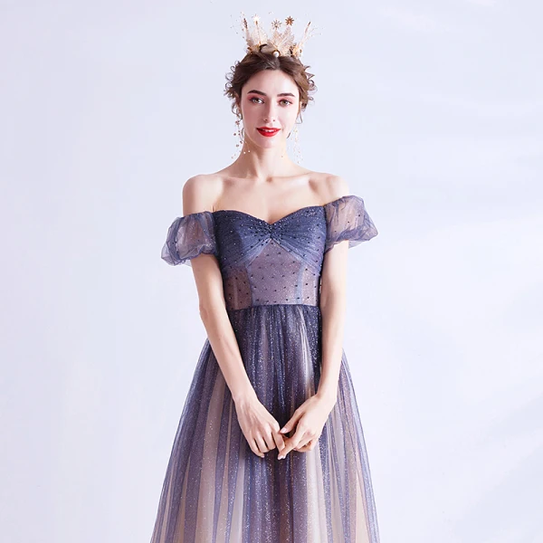 Charming Navy Blue Gradient-Color Prom Dresses 2020 A-Line / Princess Off-The-Shoulder Crystal Glitter Tulle Short Sleeve Backless Formal Dresses