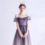Charming Navy Blue Gradient-Color Prom Dresses 2020 A-Line / Princess Off-The-Shoulder Crystal Glitter Tulle Short Sleeve Backless Formal Dresses