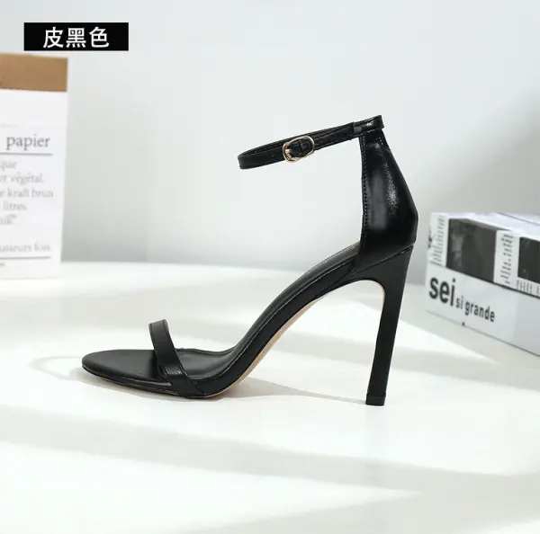 Enkla Svarta Casual Sandaler Dam 2020 Ankelband 10 cm Stilettklackar Peep Toe Högklackade