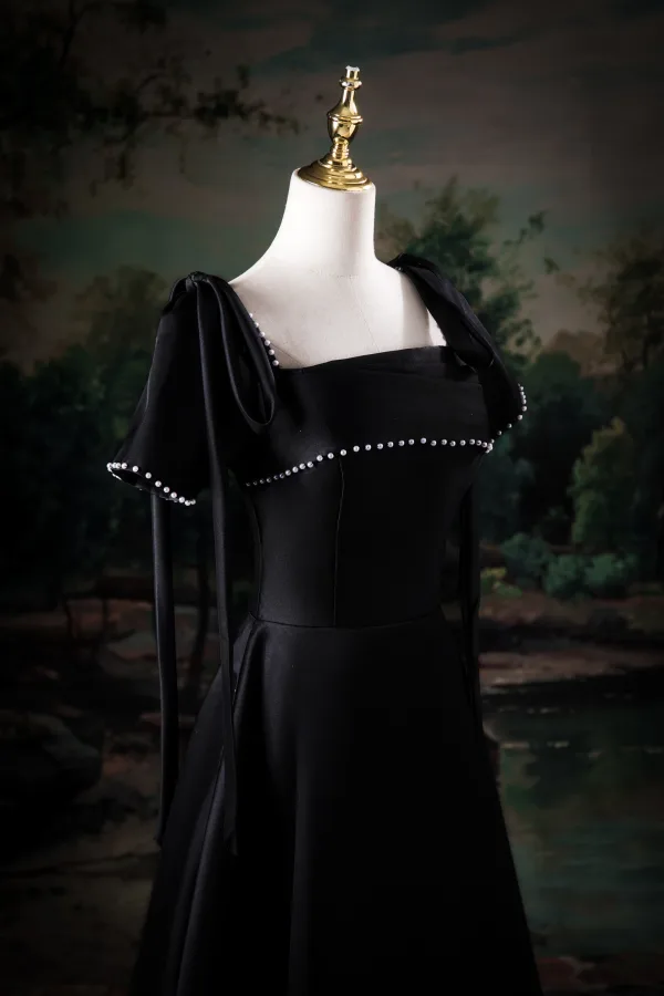 Elegant Black Pearl Prom Dresses 2025 A-Line / Princess Square Neckline Short Sleeve Backless Floor-Length / Long Prom Formal Dresses