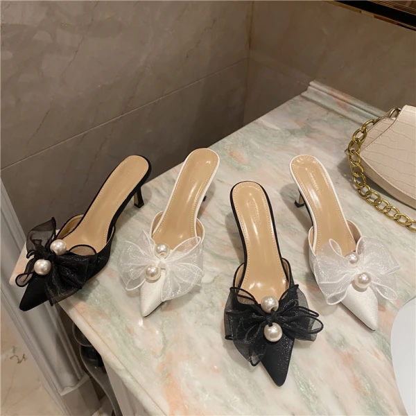 Fashion Black Street Wear Womens Sandals 2021 Pearl Bow 7 cm Stiletto Heels Pointed Toe Slipper & Flip flops High Heels