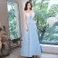 Lovely Sky Blue Rhinestone Bow Prom Dresses 2022 Satin A-Line / Princess Strapless Sleeveless Backless Floor-Length / Long Prom Formal Dresses