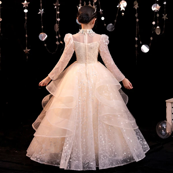 Sparkly Champagne Birthday Beading Rhinestone Sequins Flower Girl Dresses 2022 Ball Gown High Neck Long Sleeve Cascading Ruffles Floor-Length / Long Flower Girl Dresses