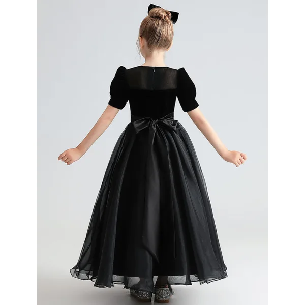 Audrey Hepburn Style Black Suede Birthday Flower Girl Dresses 2022 A-Line / Princess Scoop Neck Short Sleeve Floor-Length / Long Bow Flower Girl Dresses