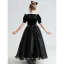Audrey Hepburn Style Black Suede Birthday Flower Girl Dresses 2022 A-Line / Princess Scoop Neck Short Sleeve Floor-Length / Long Bow Flower Girl Dresses