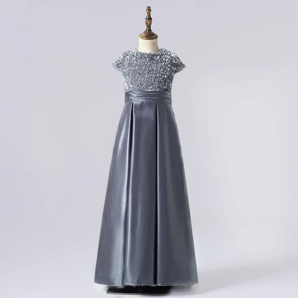 Chic / Beautiful Navy Blue Satin Sequins Birthday Flower Girl Dresses 2022 A-Line / Princess Scoop Neck Short Sleeve Bow Floor-Length / Long Flower Girl Dresses