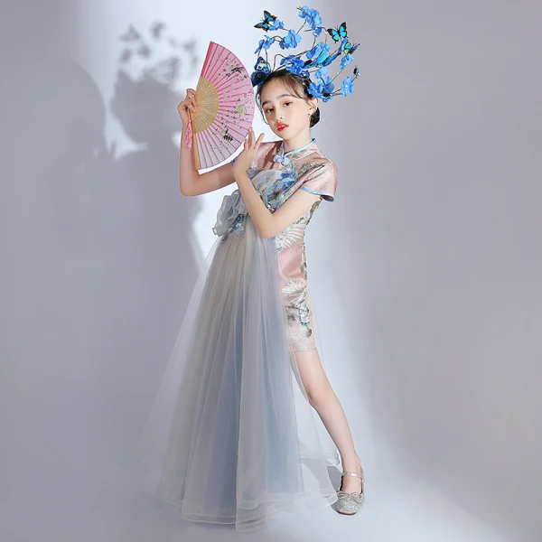 Chinese style Blushing Pink Sequins Embroidered Birthday Cheongsam / Qipao Flower Girl Dresses 2022 High Neck Short Sleeve Flower Girl Dresses Knee-Length Cheongsam