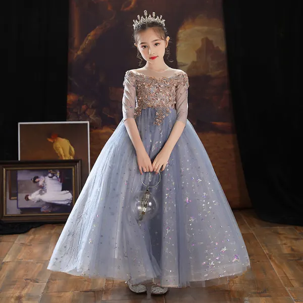 Chic / Beautiful Lilac Beading Sequins Birthday Flower Girl Dresses 2022 A-Line / Princess Scoop Neck 1/2 Sleeves Backless Floor-Length / Long Flower Girl Dresses